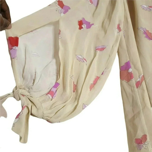 Jill stuart Off The Shoulder Blouse Womens M Ivory FloralBow 3/4 Sleeve hem tie - Picture 5 of 10